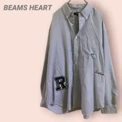 BEAMS HEART 長袖シャツ　ストライプ　ブルー　ワッペン　刺繍　メンズMのサムネイル