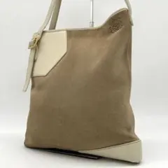 【美品】ロエベ アナグラム ショルダーバッグ スエード レザー ベージュ 肩掛け