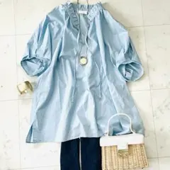 極美品 モラビト リネン混パフスリーブブラウス ゆったり 牛革ラベル 