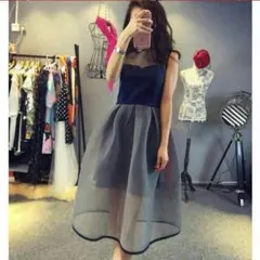 チュール切替フレアワンピース