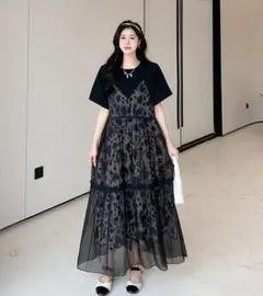 大きいサイズ レディース ロング　ワンピース　重ね着風　春夏 秋 新品 半袖