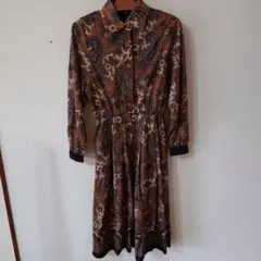 昭和レトロ　ブラウン　ペイズリー柄長袖ワンピース