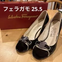 25.5【フェラガモ】パンプス オープントゥ ヒール 黒 8 1/2C