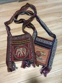 タイ製/ゾウモチーフ刺繍/エスニック/ショルダーバッグ/2点セット