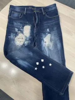 ダメージ加工　ダークブルー　ジーンズ　ファッション　パンツ　デニム　男女兼用OK