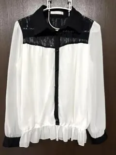 レディース 白と黒 シフォン レース 長袖シャツ シースルー 透け感