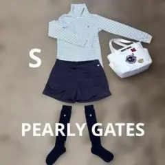 【パーリゲイツ】水色ストライプタートルネックと紺色ショートパンツセットS
