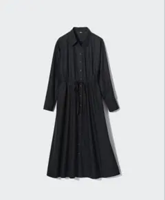 ユニクロ コットンロングシャツワンピース 黒 襟付き ポケット付 460578