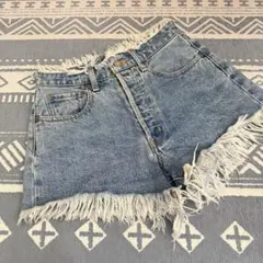 マウジー　デニムショートパンツ ライトブルー 切りっぱなし フリンジ ダメージ