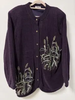 昭和レトロ 植物刺繍　ニット パープル ヴィンテージセーター　紫　カーディガン