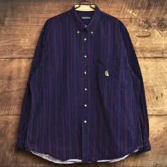 90s ノーティカ　ストライプ柄　ボタンダウンシャツ　ネイビー系　旧ロゴ　XXL