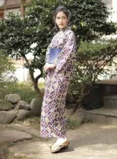 未使用　浴衣3点セット　花菱七宝柄　パープル　レディース