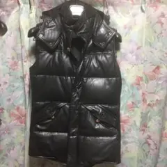 akmエイケイエム ダウンベスト黒レザーパーカーS
