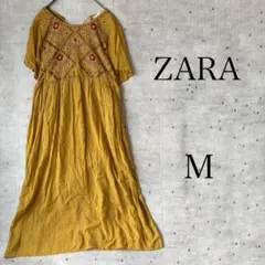 ZARA ロングワンピース 半袖 黄色 マスタード 花柄 裏地 M