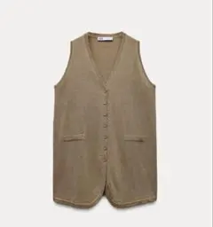ZARA ニットベスト ロングジレ カーキのサムネイル