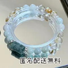 グアマテラ翡翠回紋天珠＆ルチルクォーツ&ビルマ産翡翠ブレスレット　内径約16cm