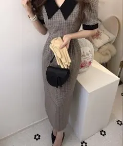 チェック柄ロングワンピース 半袖