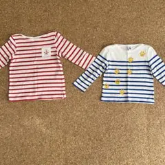 プチバトー 赤白ストライプと白青ストライプの長袖カットソー 2枚セット