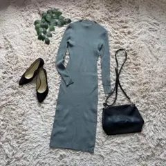 5213❃H&M❃リブニットロングワンピース【XS】グレー/モックネック/マキシ