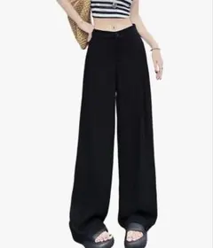 レディース L ワイドパンツ リネン ロング ストレートウエストゴム ブラック