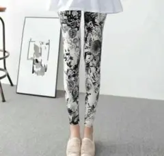 レギンス おしゃれ ストレッチ スポーツ ヨガ ダンス 部屋着 花柄 モノクロ