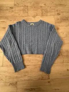 earth music & ecology青 ケーブル編み クロップドニット