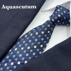 【美品】アクアスキュータム　ネクタイ　ネイビー　総柄　高級シルク