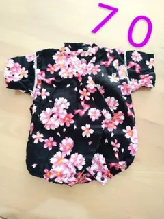 甚平　女の子　ブラック　ピンク　花柄　70　ロンパース　カバーオール　黒地