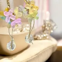 27.揺れるお花ピアスコットンパール・キラキラドロップ・ハンドメイド