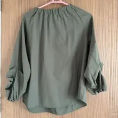 長袖ブラウス カーキ バルーンスリーブ ギャザーネック FREE SIZE