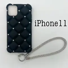 iPhone11ケース　キルティング チャーム付き　ブラック　黒