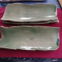 緑色陶器製長方形皿 2枚セット