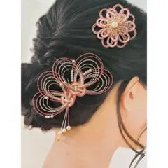 《セットでお得》和装　髪飾り　水引　2点セット　ピンク（ラメ）×ゴールド