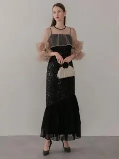 フラワースパンコールチュールフリルスリーブIラインワンピースドレス