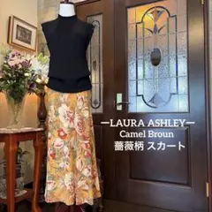 ーLAURA ASHLEYー 【極美品】 キャメル 薔薇柄ロングスカート 麻混のサムネイル