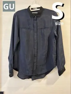 極美品☆GU 高級キュプラ　バイカラーブラウス 長袖とろみシャツ　ネイビー　S