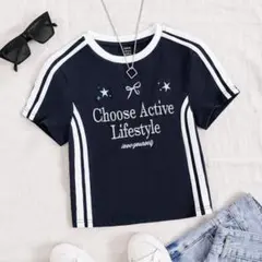 SHEIN EZwear ロゴ刺繍 半袖Tシャツ ネイビー Mのサムネイル
