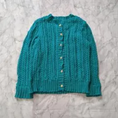 【極美品】昭和レトロ 透かし編み ニットカーディガン ターコイズブルー 金ボタン