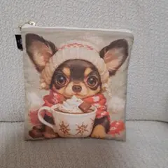 ふかふか　フラットポーチ　小物入れ　♡チワワ×カフェ柄クリーム♡ 　パネル生地