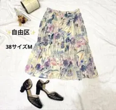 ✨自由区 ✨オフィスにも♪花柄 シアーフレアスカート 38サイズ Mのサムネイル
