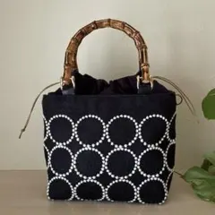 キューブ型トート ハンドメイド タンバリンネイビー・ちょうちょ美品