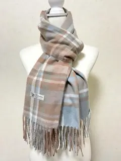 100%パシュミナカシミヤ 大判ストール チェック柄 くすみブルー×ブラウン系