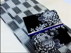 ⭕訳有■未着用■格子紬アンサンブル(羽織&小紋)■大輪菊花の名古屋帯2点セット◆