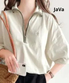 《JaVa ジャバコラボ》コットン100%刺繍ハーフジップパイピングプルオーバー