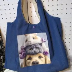 手提げエコバック中サイズパネルうさぎ猫犬さん両面ハンドメイド