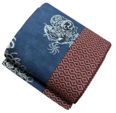 ユ180開名古屋帯 紬　藍染　花柄　正絹 着物帯　仕立て上り