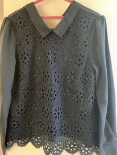 ネイビー レースデザイン 長袖シャツ Mサイズ