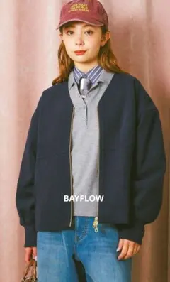 新品　BAYFLOW　Vネックノーカラーショートコート　ネイビー　M