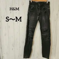 H&M【S～M】エイチ&エム ブラック スキニー ローウエスト ダメージデニム