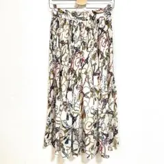 美品　チェーン柄　ロープ柄　プリーツロングスカート　ホワイト　M ウエストゴム